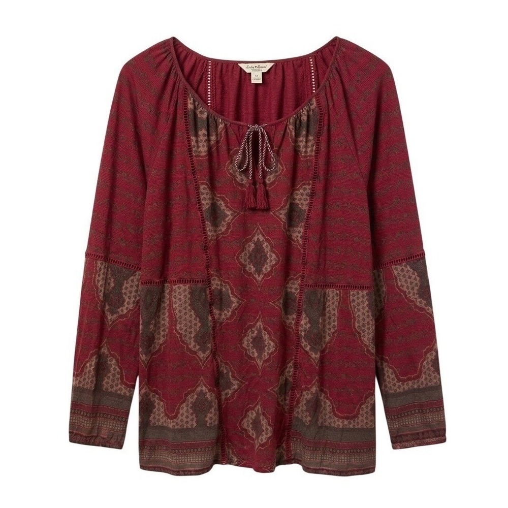 Lucky Brand Paceasant Top Women 1X Burgundy Medallion Print Tassel Lace Blouse - Picture 1 of 14
